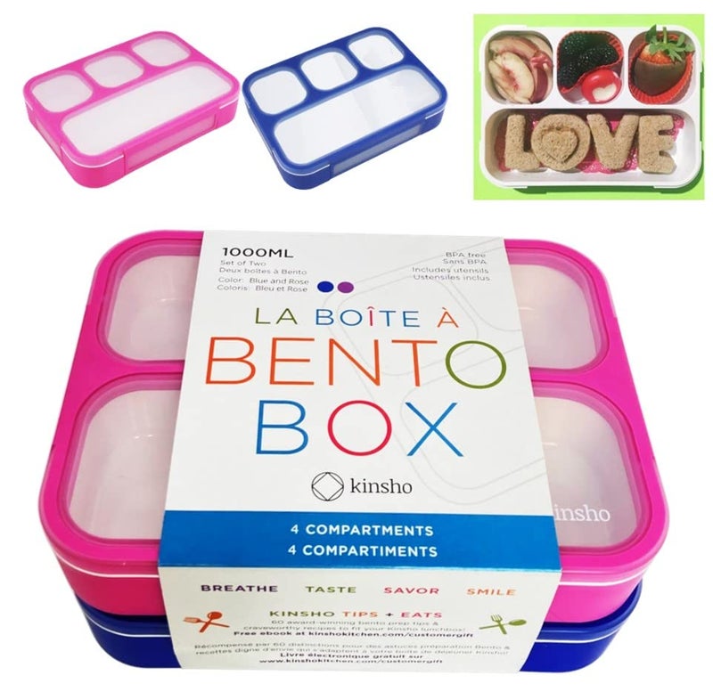 Kinsho Bento LunchBox for Kids and Adults Leakproof Lunch Boxes with 4 Compartments Divided Containers for Boys Girls Women Men  School Work Portion Container Utensils Blue  Rose Pink Set 