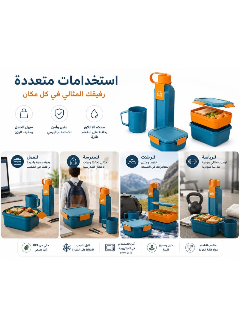 طقم غداء متكامل 3 قطع - لانش بوكس 1.6 لتر + زجاجة مياه 0.8 لتر + كوب مياه - مانع للتسرب وخالي من BPA - مناسب للعمل والمدرسة والرحلات - ألوان وأشكال متعددة - Image 2