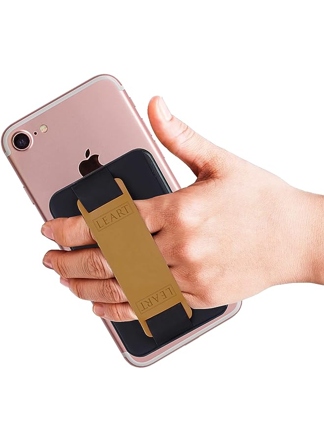 LeArt Leather Mobile Phone Grip with Strap - Phone Grip Card Holder, Secure Stick on Wallet for all mobile phones (Mustard) - Image 1