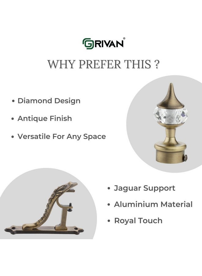 GRIVAN GRIVAN Aluminium Single Diamond Curtain Brackets Parda Holders with Jaguar Support Fittings 1 Inch Rod Pocket Finials Designer Door and Window (Antique Pair of 4) - Image 3
