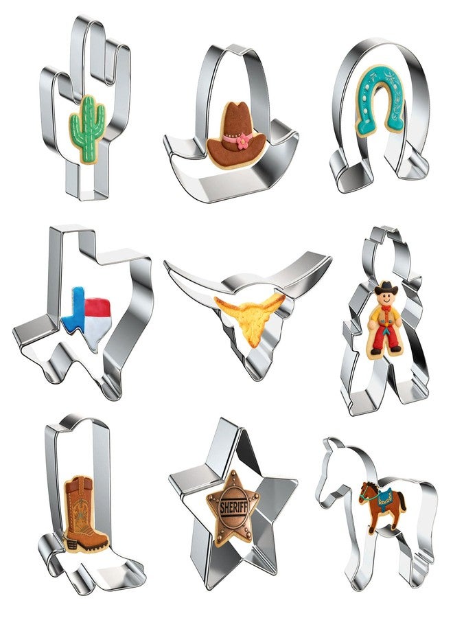 SINGARE 9 Pcs Cowboy Cookie Cutters Set, Stainless Steel Western Cactus Horse Longhorn Cookie Cutters Shapes Biscuit Cutters Molds for Baking Homemade Treats Cowboy Birthday Party Supplies - Image 1