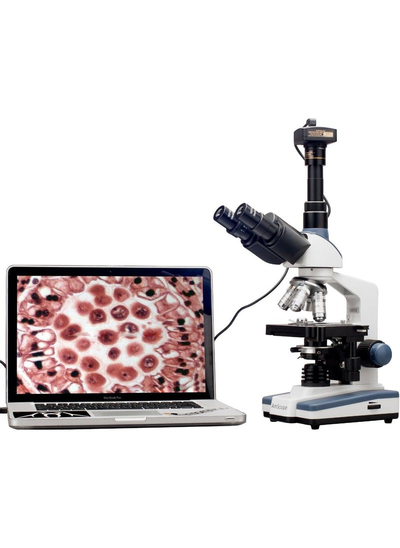 AmScope AmScope T120B5M Digital Professional Siedentopf Trinocular Compound Microscope 40X2000X Magnification WF10x and WF20x Eyepieces Brightfield LED Illumination Abbe Condenser with Iris Diaphragm DoubleLayer Mechanical Stage 100240VAC Includes 5MP Camera with Reduction Lens and Software  - Image 2