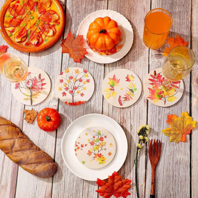 Hoolerry 6 Packs Wooden Coasters for Drinks Autumn Themed Wood Drink Coaster Set Round Rustic Fall Coasters for Wooden Table Maple Leaves Coffee Bar Coasters for Drinking Glasses Drinks, 3.94 x 3.94 x 0.2 inch - Image 3