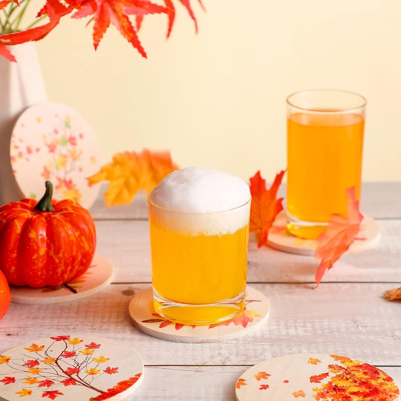 Hoolerry 6 Packs Wooden Coasters for Drinks Autumn Themed Wood Drink Coaster Set Round Rustic Fall Coasters for Wooden Table Maple Leaves Coffee Bar Coasters for Drinking Glasses Drinks, 3.94 x 3.94 x 0.2 inch - Image 5