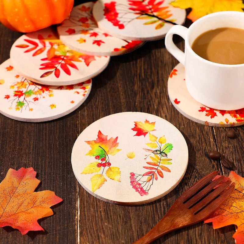 Hoolerry 6 Packs Wooden Coasters for Drinks Autumn Themed Wood Drink Coaster Set Round Rustic Fall Coasters for Wooden Table Maple Leaves Coffee Bar Coasters for Drinking Glasses Drinks, 3.94 x 3.94 x 0.2 inch - Image 2