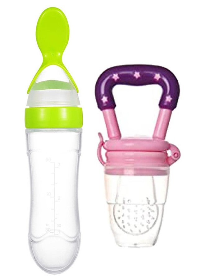 Joy Buzz Baby Feeding Product | Combo of Babies Silicone Spoon Food Feeder 190ml & Fruit Nibbler Pack of 2 (Green & Purple) - Image 1