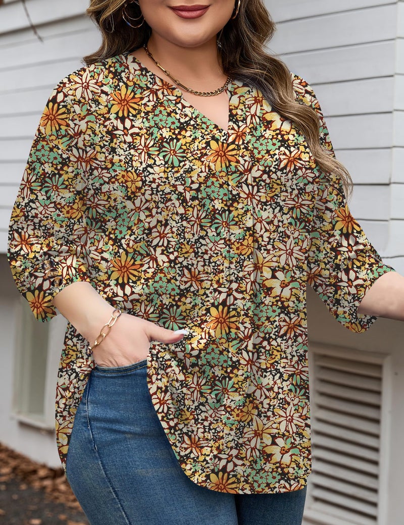 TFSDOD Tops for Women Trendy Plus Size Spring Clothes for Women 3/4 Length Sleeve Blouses Womens V Neck T Shirts 5X - Image 4