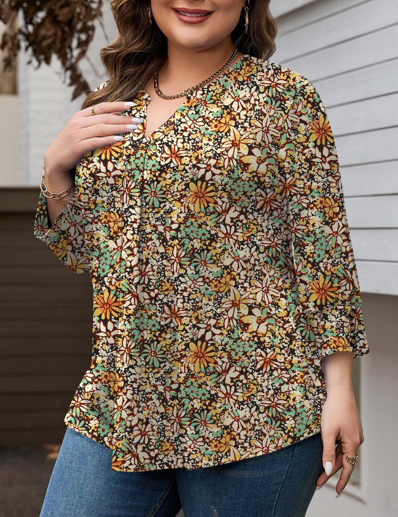 TFSDOD Tops for Women Trendy Plus Size Spring Clothes for Women 3/4 Length Sleeve Blouses Womens V Neck T Shirts 5X - Image 3