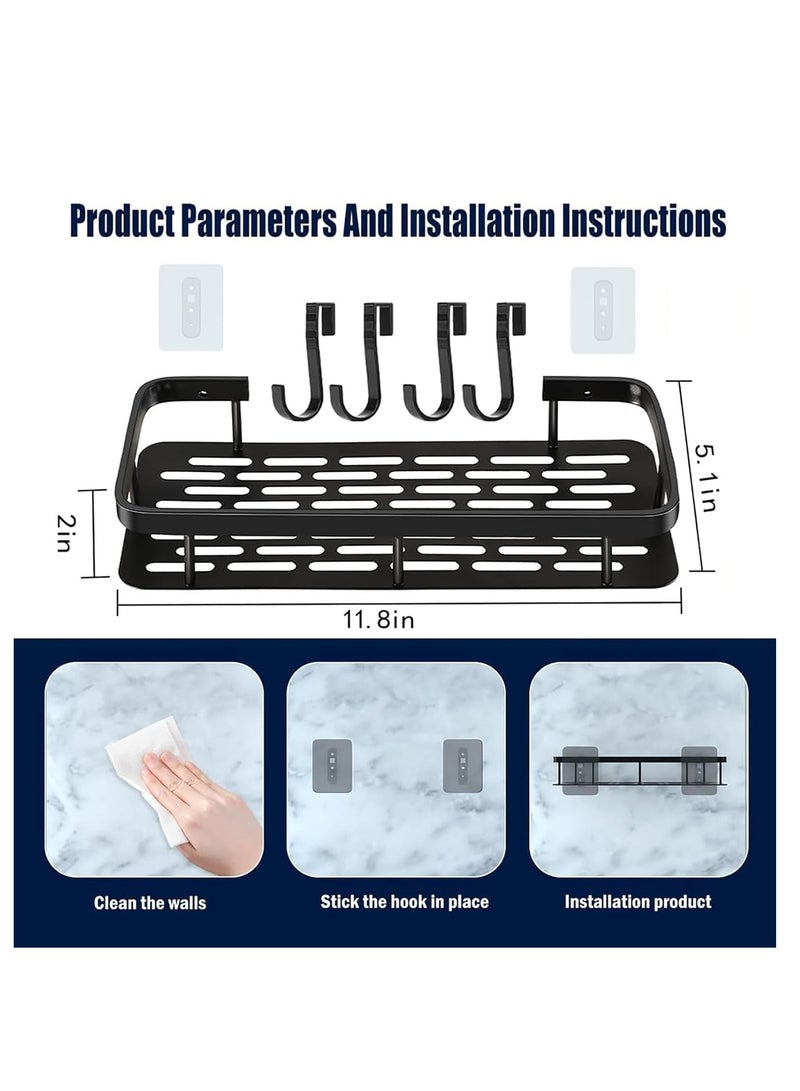 Flushrenic Shower Caddies,Aluminum Shower Shelves,No Drill Bathroom Shower Organizers, Wall Mounted,with 4 Pcs Removable Hooks,for Rustproof Bath Storage Basket for Bathroom, Toilet, Kitchen (black) - Image 2