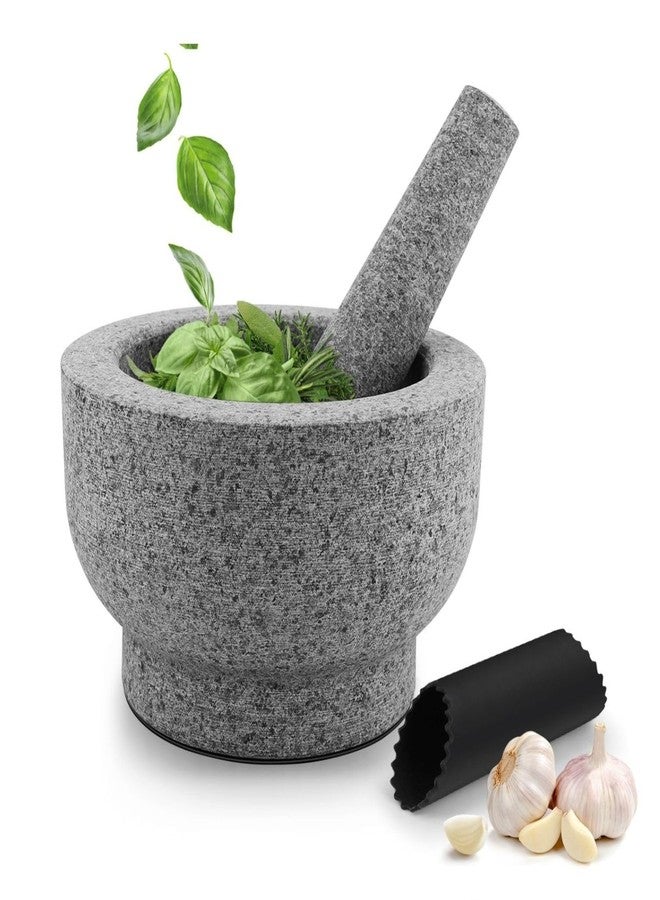 Flexzion Granite Mortar and Pestle Set, 4 Cup Large Mortar and Pestle Molcajete Bowl Stone Grinder Bowl Muddler and Bowl with Garlic Peeler and Non-Slip Mat for Guacamole, Herbs, Spices, Gray - Image 1