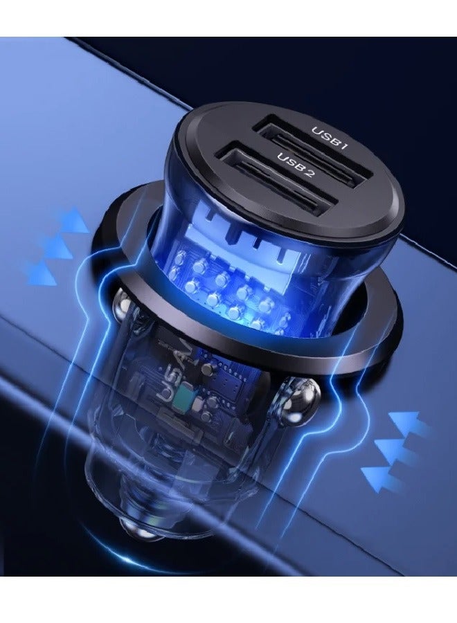 Usams Car Charger  Dual USB Transparent Visual Car Charger 5V Dual USB Port Mini Car Charger Adapter 3A Smart Fast Charging Car Charger with Blue Backlight Blue  - Image 3