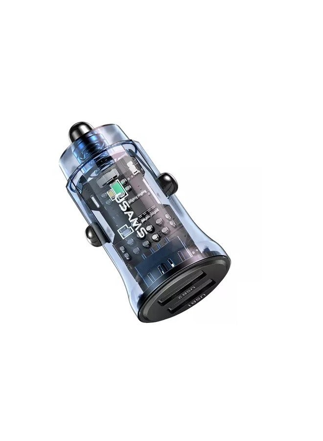 Usams Car Charger  Dual USB Transparent Visual Car Charger 5V Dual USB Port Mini Car Charger Adapter 3A Smart Fast Charging Car Charger with Blue Backlight Blue  - Image 1