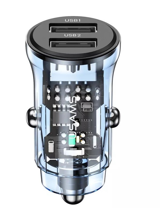 Usams Car Charger  Dual USB Transparent Visual Car Charger 5V Dual USB Port Mini Car Charger Adapter 3A Smart Fast Charging Car Charger with Blue Backlight Blue  - Image 2