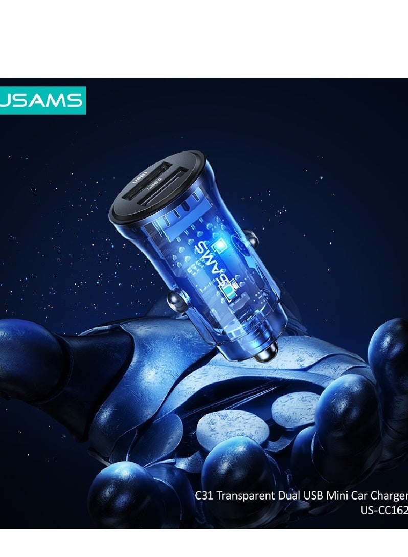 Usams Car Charger  Dual USB Transparent Visual Car Charger 5V Dual USB Port Mini Car Charger Adapter 3A Smart Fast Charging Car Charger with Blue Backlight Blue  - Image 5
