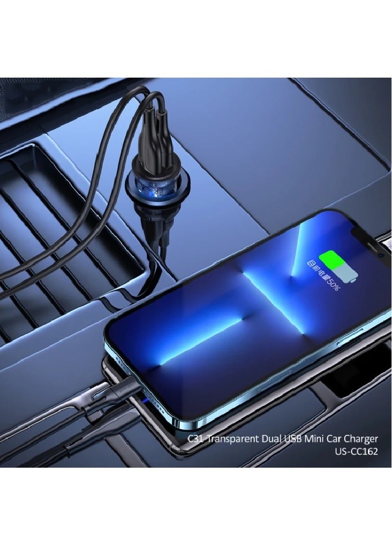 Usams Car Charger  Dual USB Transparent Visual Car Charger 5V Dual USB Port Mini Car Charger Adapter 3A Smart Fast Charging Car Charger with Blue Backlight Blue  - Image 4