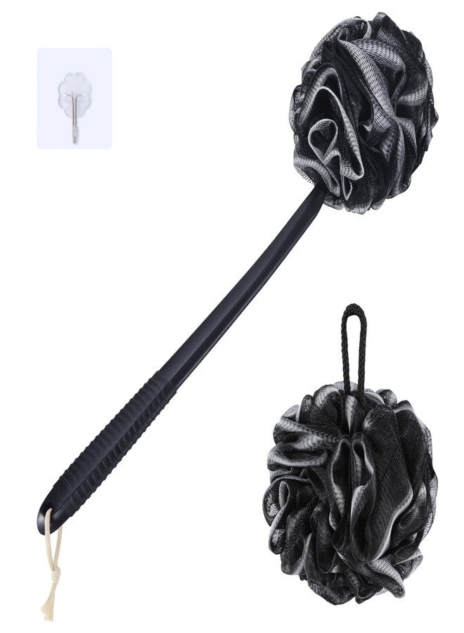 VANZAVANZU Loofah Sponge Set Loofah Exfoliating Body Scrubber, Anti-Slip Plastic 17" Handle Loofah on a Stick with Fluffy Shower Sponge, PE Soft Mesh Shower Loofahs-Black with White Edge - Image 1