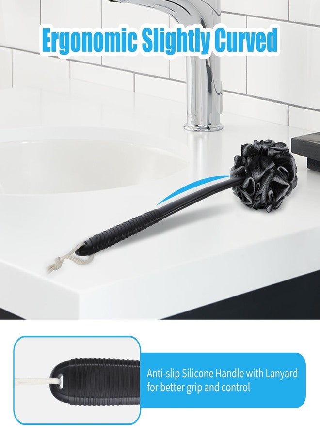 VANZAVANZU Loofah Sponge Set Loofah Exfoliating Body Scrubber, Anti-Slip Plastic 17" Handle Loofah on a Stick with Fluffy Shower Sponge, PE Soft Mesh Shower Loofahs-Black with White Edge - Image 2