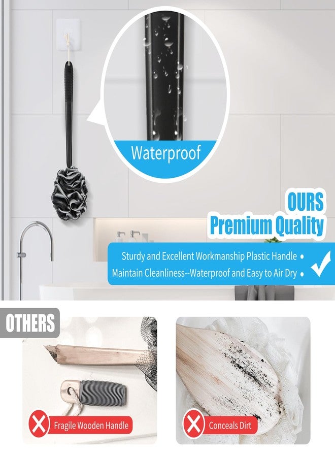 VANZAVANZU Loofah Sponge Set Loofah Exfoliating Body Scrubber, Anti-Slip Plastic 17" Handle Loofah on a Stick with Fluffy Shower Sponge, PE Soft Mesh Shower Loofahs-Black with White Edge - Image 4