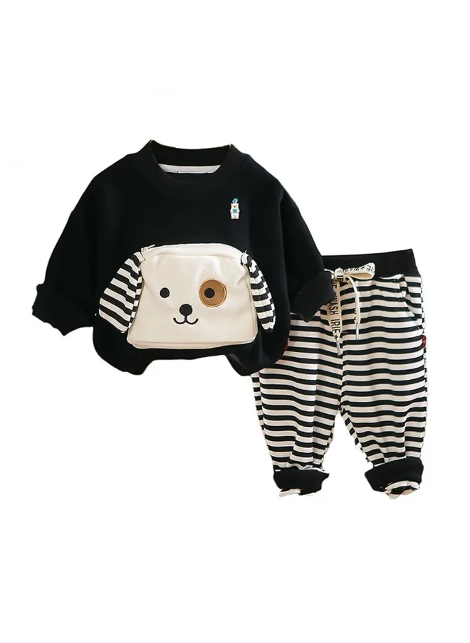 LITTLE SURPRISE BOX Box 2Pcs Set Black Stripes Doggy Eye Patch Track Suit Set For Toddler And Kids Winter & All Season Wear-2-3Y