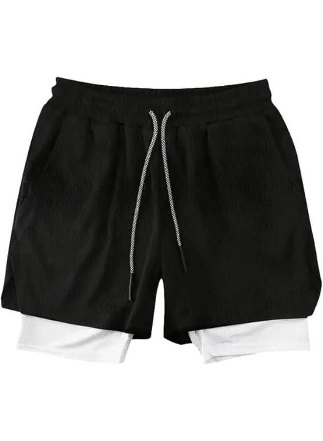 VITION Gym Shorts for Men, Men's Activewear Running Shorts,Drawstring Gym Shorts Men, 2 Layer Loose Athletic Shorts with 4 Pockets (XX-Large, Black/White) - Image 1
