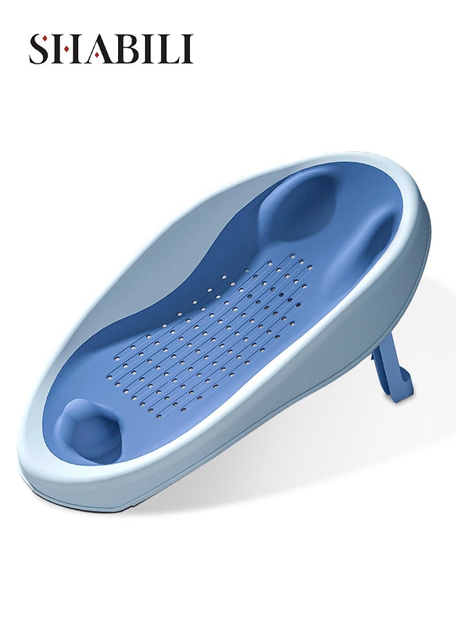 شبيلي مقعد استحمام للحوض للأطفال مصنوع من البلاستيك مع تصريف سريع وسيليكون ناعم غير قابل للانزلاق، دعم بثلاث نقاط بتصميم مريح وقابل للطي، كرسي حمام للرضع والأطفال الصغار في الحمام أو غرفة الدش باللون الأزرق - Image 1