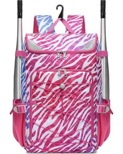 FOKDUVB Baseball Softball Gear Bag Backpack for Boys Girls Ages 812 1214 Large Kids Youth Bat Bag with Ventilated Shoe Compartment Baseball Softball Players Stuff Supplies Magenta Zebra Print - Image 1
