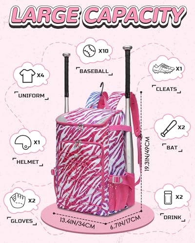 FOKDUVB Baseball Softball Gear Bag Backpack for Boys Girls Ages 812 1214 Large Kids Youth Bat Bag with Ventilated Shoe Compartment Baseball Softball Players Stuff Supplies Magenta Zebra Print - Image 3