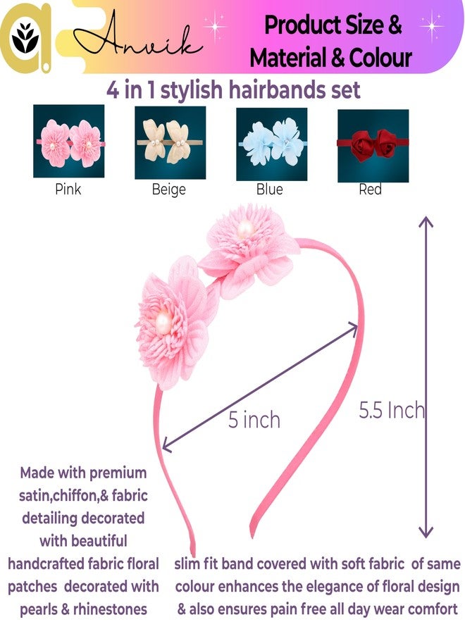 ANVIK (4pcs) Cute Stylish Fancy Satin Hairband Headband Head Band for Kids Girls/ Floral, lightweight comfortable Hair Accessories for Girls 3 to 12 years/ Hair Band for Parties/ Festival/Wedding/school/Birthday Gift for Girl - Image 5