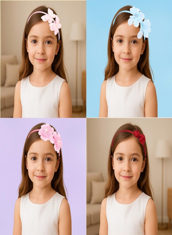 ANVIK (4pcs) Cute Stylish Fancy Satin Hairband Headband Head Band for Kids Girls/ Floral, lightweight comfortable Hair Accessories for Girls 3 to 12 years/ Hair Band for Parties/ Festival/Wedding/school/Birthday Gift for Girl - Image 3