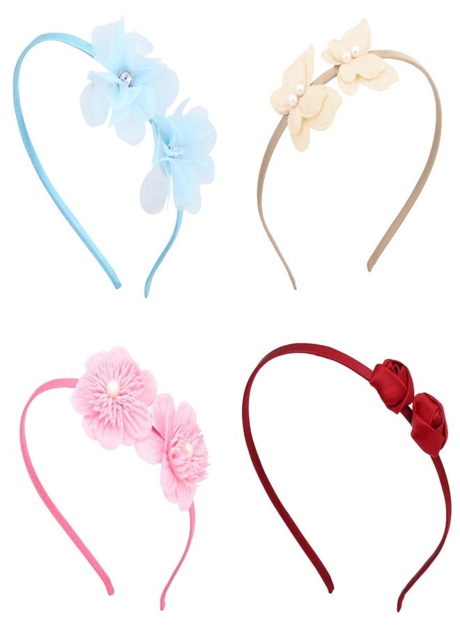 ANVIK (4pcs) Cute Stylish Fancy Satin Hairband Headband Head Band for Kids Girls/ Floral, lightweight comfortable Hair Accessories for Girls 3 to 12 years/ Hair Band for Parties/ Festival/Wedding/school/Birthday Gift for Girl - Image 1