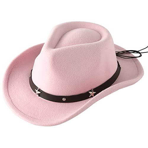 Jastore Kids Girls Boys Western Cowboy Cowgirl Hat with Buckle Belt Felt Fedora Hat (Pink, 4-12 Years) - Image 1