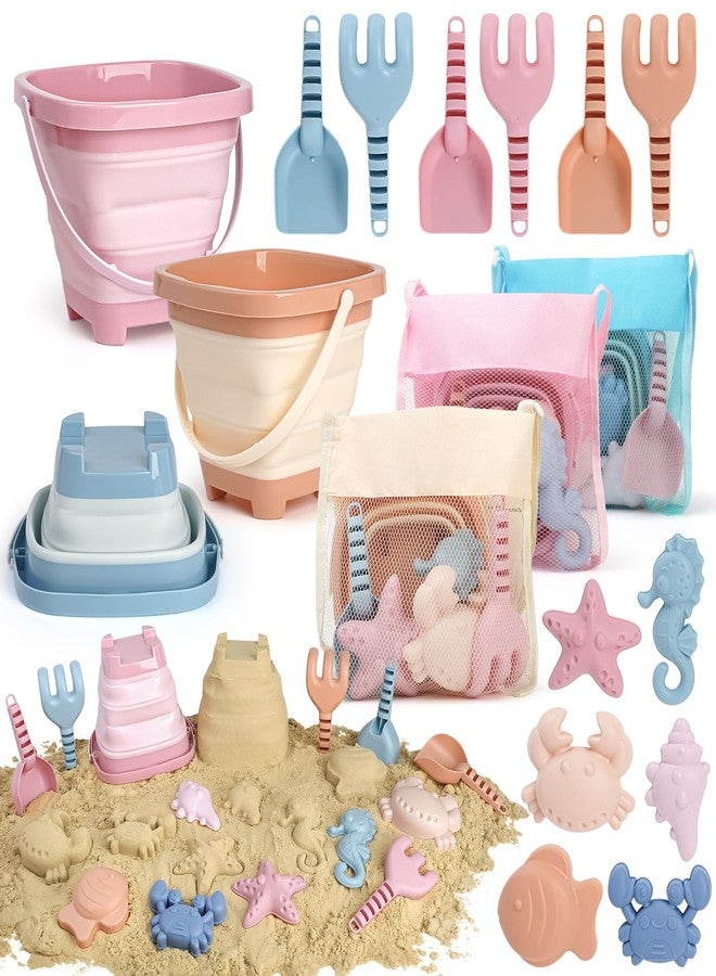 Dreamon Beach Toys Set for Kids 3-10, Collapsible Sand Buckets with Beach Molds and Mesh Bag, 3 Pack Shovels Set Sand Toys for Beach, Sandbox Travel Toys for Toddlers Kids - Image 1