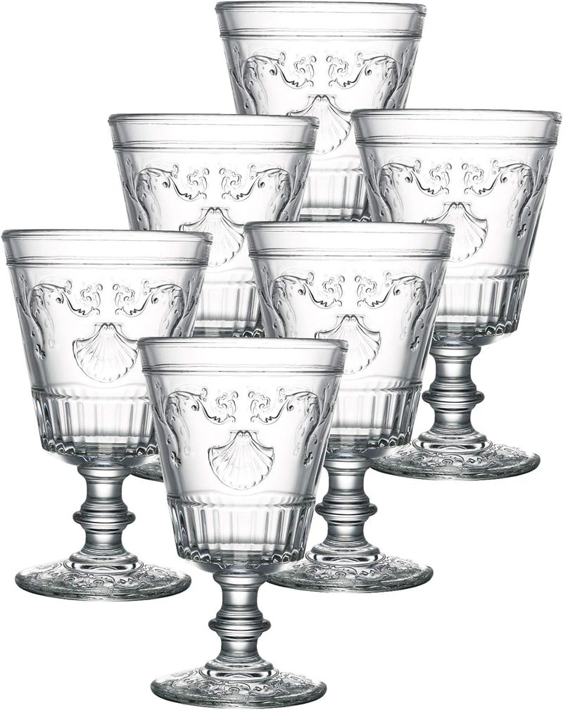 La Rochere Versailles Wine Glass Set of 6 Classic French Wine Glasses with Shell Flower Motif Elegant Pressed Glass Stemware for Wine Cocktails Entertaining 14Oz