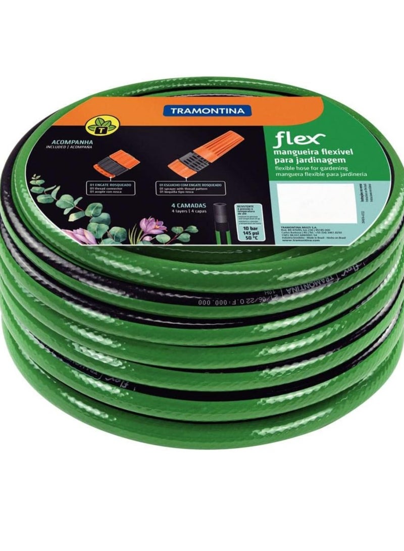 TRAMONTINA Green Flex Garden Hose with Black PVC Stripe, 4 Layers, 15 m with Threaded Coupling and Nozzle, 79167150, - Image 1