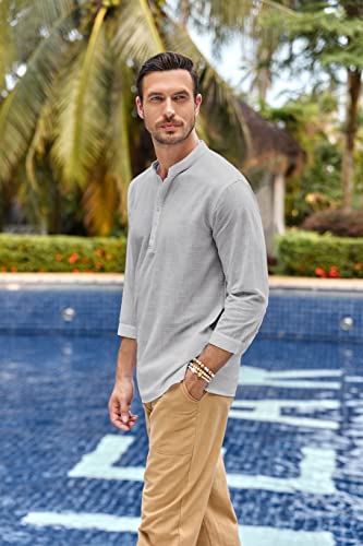 Karlywindow Mens Linen Henley Shirts Long Sleeve Hippie Yoga Summer Beach Casual Henleys T-Shirt Grey - Image 3