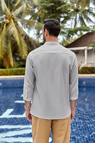 Karlywindow Mens Linen Henley Shirts Long Sleeve Hippie Yoga Summer Beach Casual Henleys T-Shirt Grey - Image 4