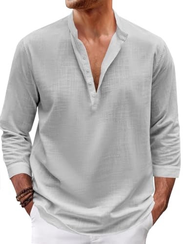 Karlywindow Mens Linen Henley Shirts Long Sleeve Hippie Yoga Summer Beach Casual Henleys T-Shirt Grey - Image 5