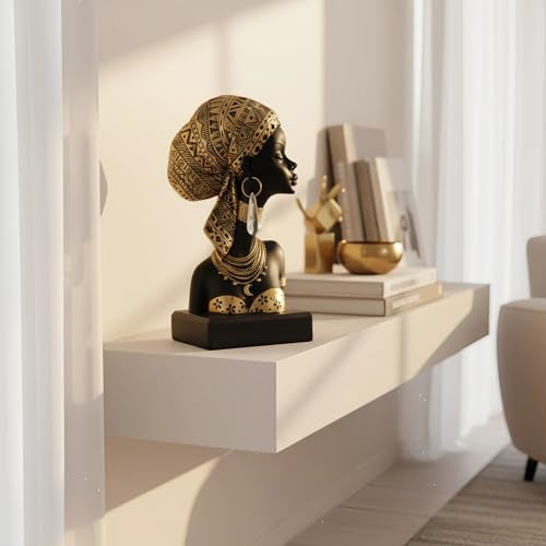 Lescafita African Lady Bust Sculpture with Golden Headwrap Resin Figurine with Earrings and Necklace Modern African Woman Statue for Home Decor and Cultural Gift - Image 3