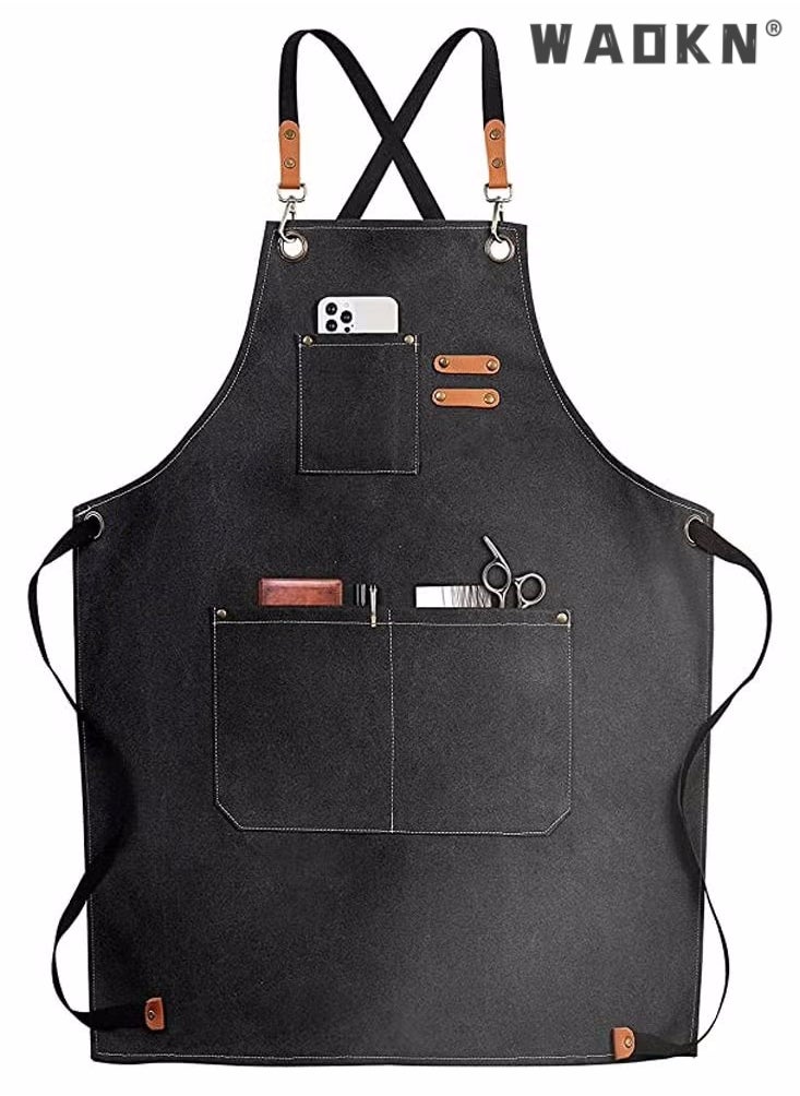 WAOKN Chef Apron,Cotton Canvas Cross Back Adjustable Apron with Pockets for Women and Men, Kitchen Cooking Baking Bib Apron, Adjustable Strap and Large Pockets,Canvas,Cappuccino for Cooking Baking Gardening  - Image 1