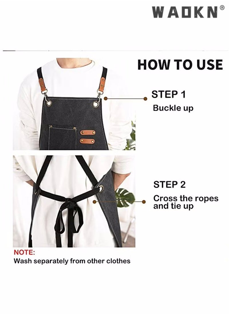 WAOKN Chef Apron,Cotton Canvas Cross Back Adjustable Apron with Pockets for Women and Men, Kitchen Cooking Baking Bib Apron, Adjustable Strap and Large Pockets,Canvas,Cappuccino for Cooking Baking Gardening  - Image 3