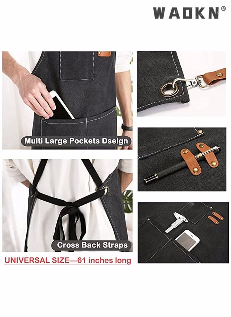 WAOKN Chef Apron,Cotton Canvas Cross Back Adjustable Apron with Pockets for Women and Men, Kitchen Cooking Baking Bib Apron, Adjustable Strap and Large Pockets,Canvas,Cappuccino for Cooking Baking Gardening  - Image 2