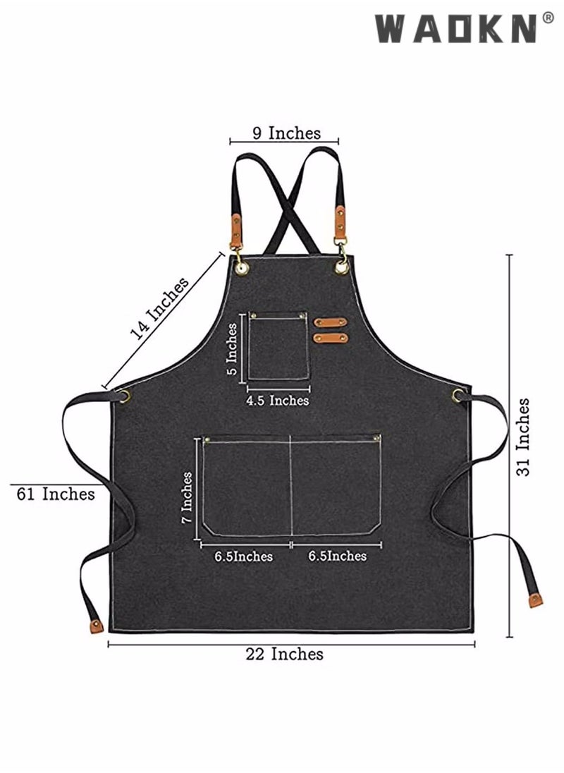 WAOKN Chef Apron,Cotton Canvas Cross Back Adjustable Apron with Pockets for Women and Men, Kitchen Cooking Baking Bib Apron, Adjustable Strap and Large Pockets,Canvas,Cappuccino for Cooking Baking Gardening  - Image 4