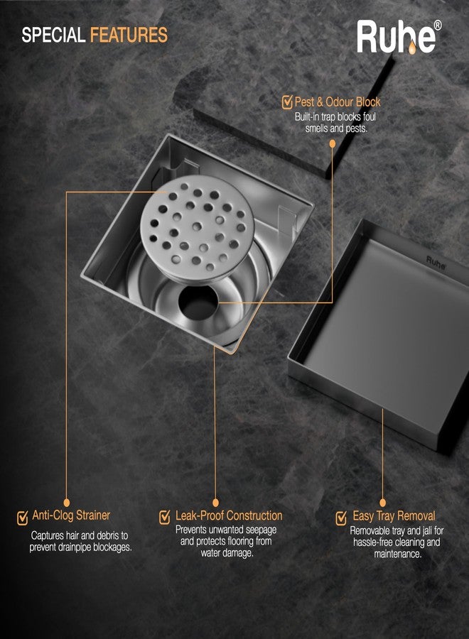 روهي مصرف أرضي Ruhe® مُدمج بالبلاط، عبوة من قطعة واحدة | 5 × 5 بوصات | قناة تصريف دش غير مرئية من الفولاذ المقاوم للصدأ عالي الجودة | مصرف أرضي لمياه الصرف الصحي لبلاط 13 مم مع مصيدة للصراصير - Image 3