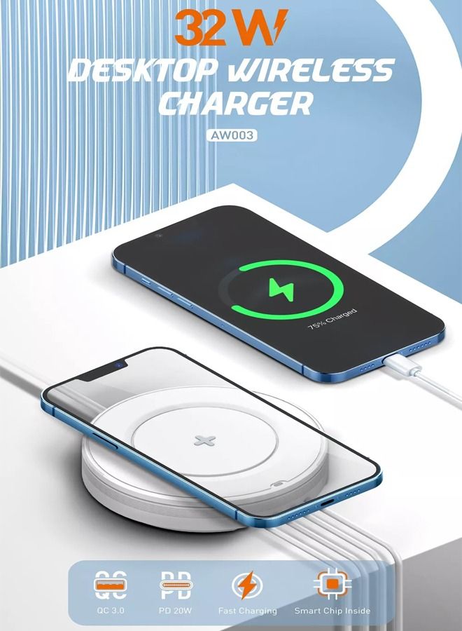 Wireless Charger 5-in-1 Wireless Charging Station with 15W Qi-Certified Wireless Charger & 32W USB-C Port PD Fast Charger, Portable Multiport Charger for iPhone, iPad, Samsung and More