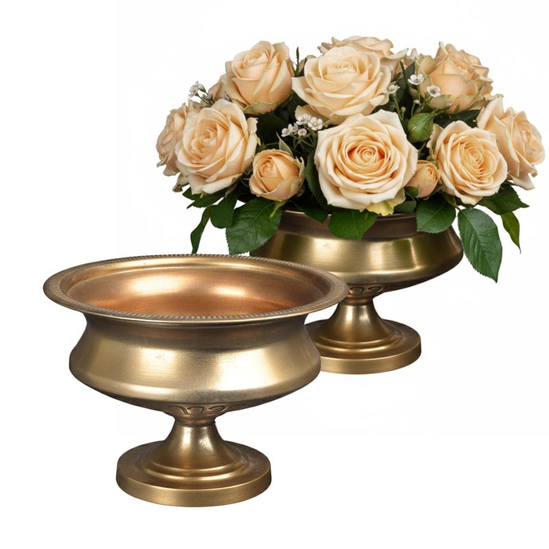 WORTH Gold Color Urn Vase Set of 2 for Centerpieces, 8" H. x 11.8" Dia. Classic Metal Trumpet Small Flower Pot for Table, Bowl Vase for Wedding Party Event Home Decor - Image 1