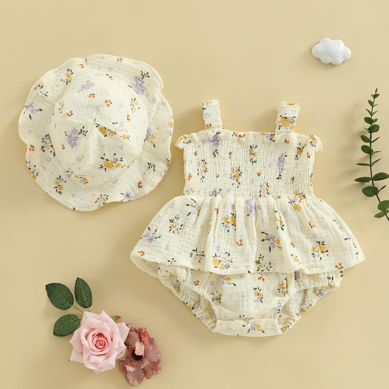 Mubineo Baby Girl Clothes Summer Dress Cotton Linen Romper Sleeveless Smocked Rompers Sun Dress Hat Skirt Boho Outfits (Beige, 9-12 Months) - Image 2