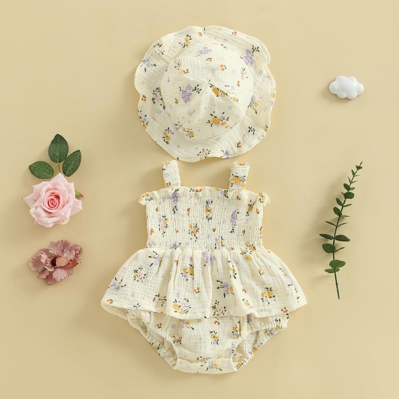 Mubineo Baby Girl Clothes Summer Dress Cotton Linen Romper Sleeveless Smocked Rompers Sun Dress Hat Skirt Boho Outfits (Beige, 9-12 Months) - Image 3