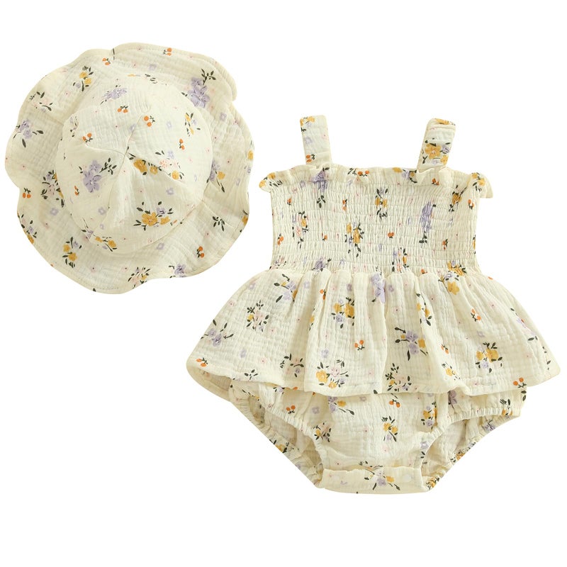 Mubineo Baby Girl Clothes Summer Dress Cotton Linen Romper Sleeveless Smocked Rompers Sun Dress Hat Skirt Boho Outfits (Beige, 9-12 Months) - Image 1