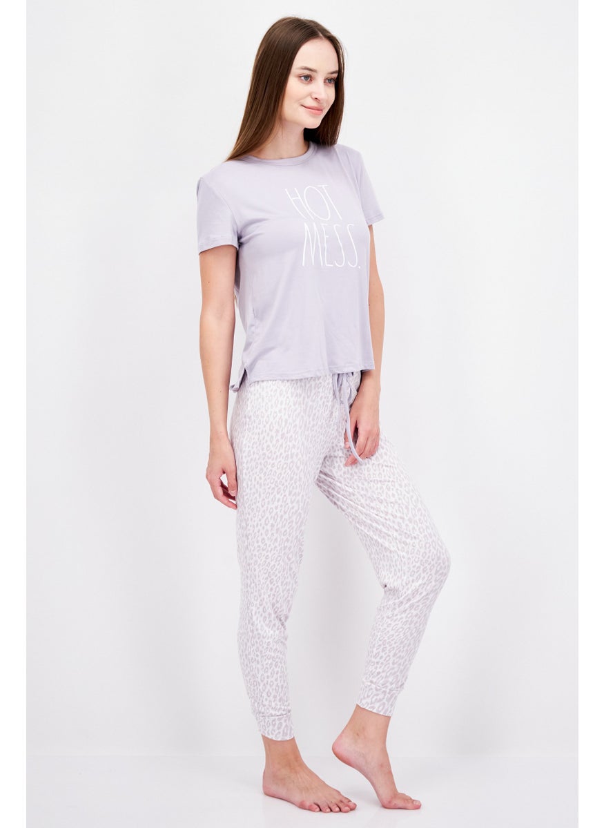 Rae Dunn Women 2 Piece Plain Short Sleeve Top And Pajama, Purple  - Image 3