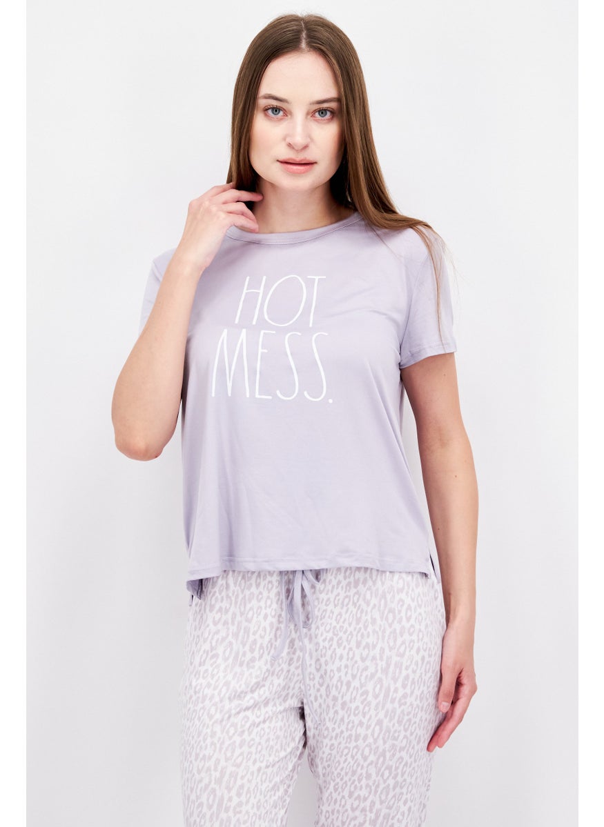 Rae Dunn Women 2 Piece Plain Short Sleeve Top And Pajama, Purple  - Image 4